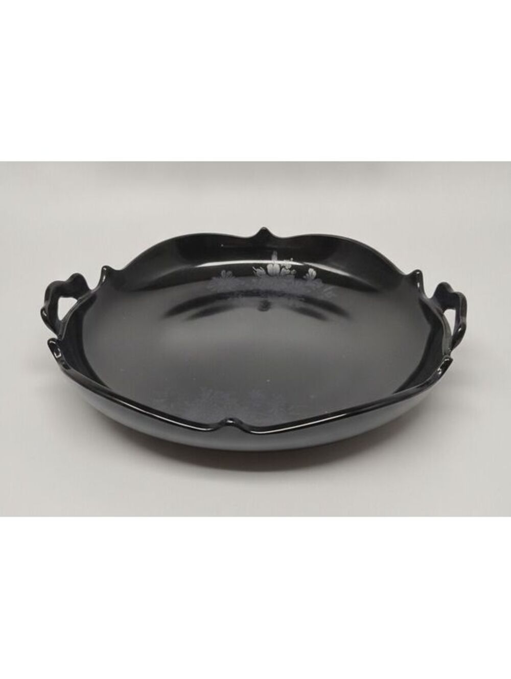 Vintage Black Amethyst Glass LE Smith Floral Two-Handled Serving Tray or Platter